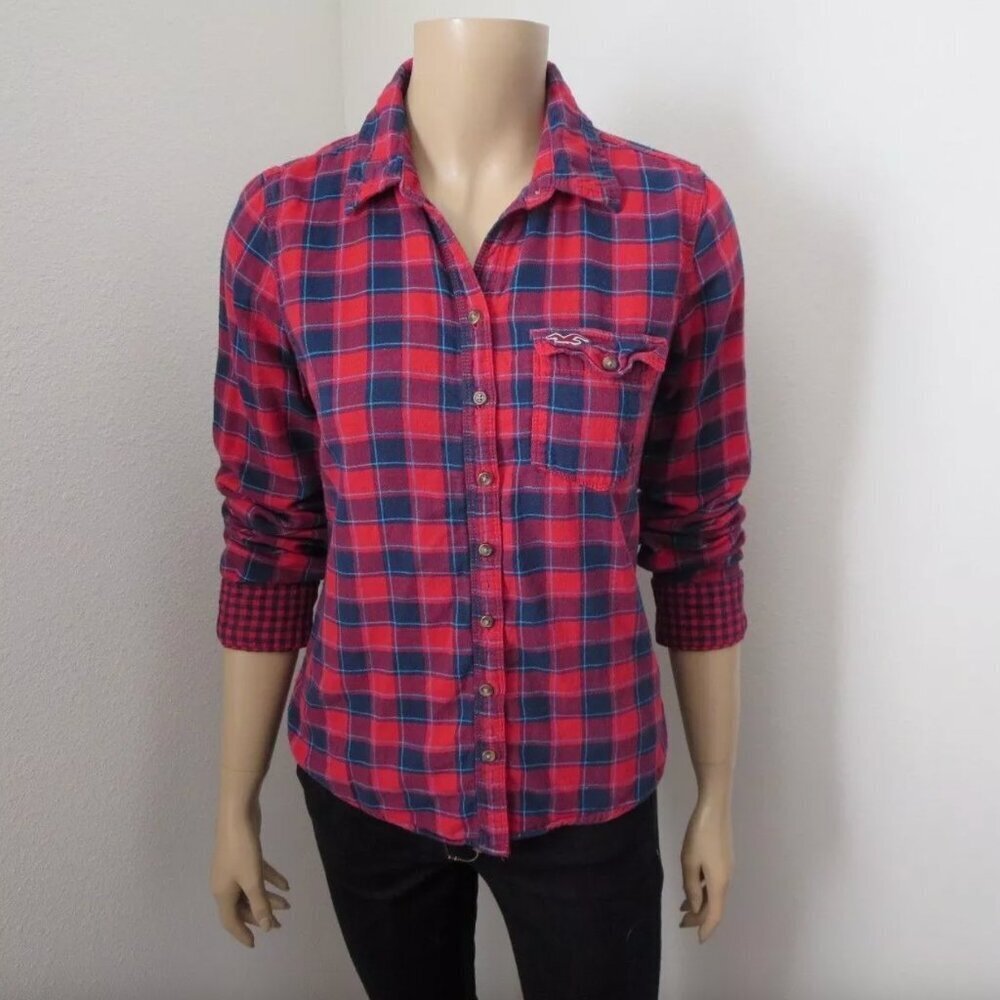 Hollister Womens Plaid Shirt Size Medium Top Shirt Red & Blue Blouse